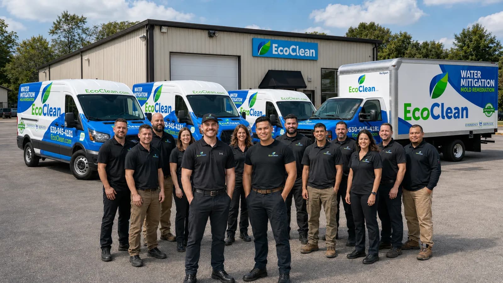 The EcoClean restoration crew in matching uniforms standing in front of the service fleet at the warehouse.