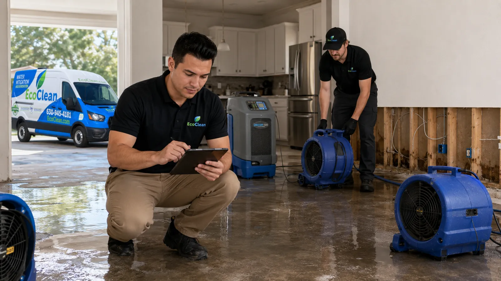 EcoClean crew extracting water and setting drying equipment in a flooded Chicagoland home.