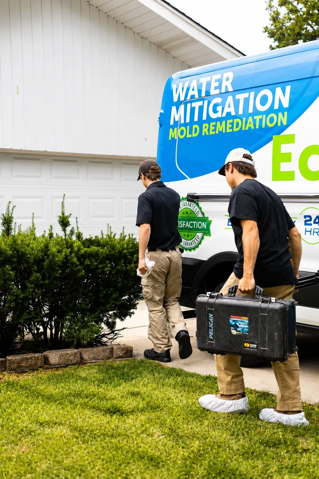 Two EcoClean technicians carrying equipment from the service van toward the house.