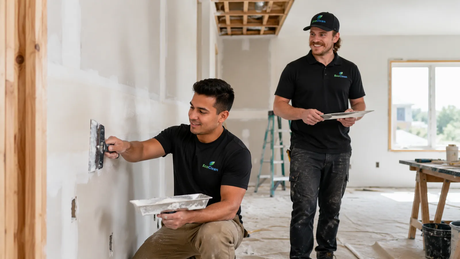 EcoClean crew installing drywall during a residential reconstruction.