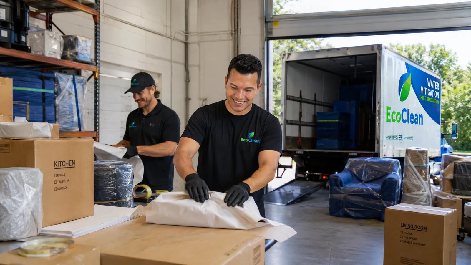Belongings carefully packed and inventoried during a contents pack-out coordinated by EcoClean.