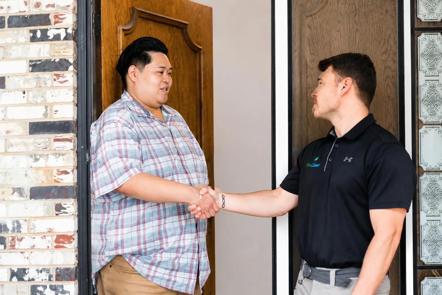 An EcoClean team member shaking hands with a man at the front door of a brick home.