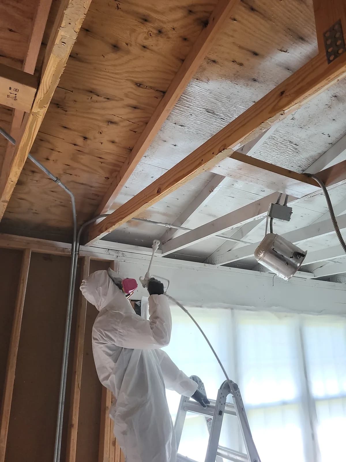 Technician in a hooded protective suit and respirator treating attic framing from a ladder.