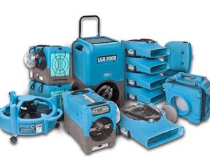 LGR dehumidifiers and drying equipment staged on a job site.