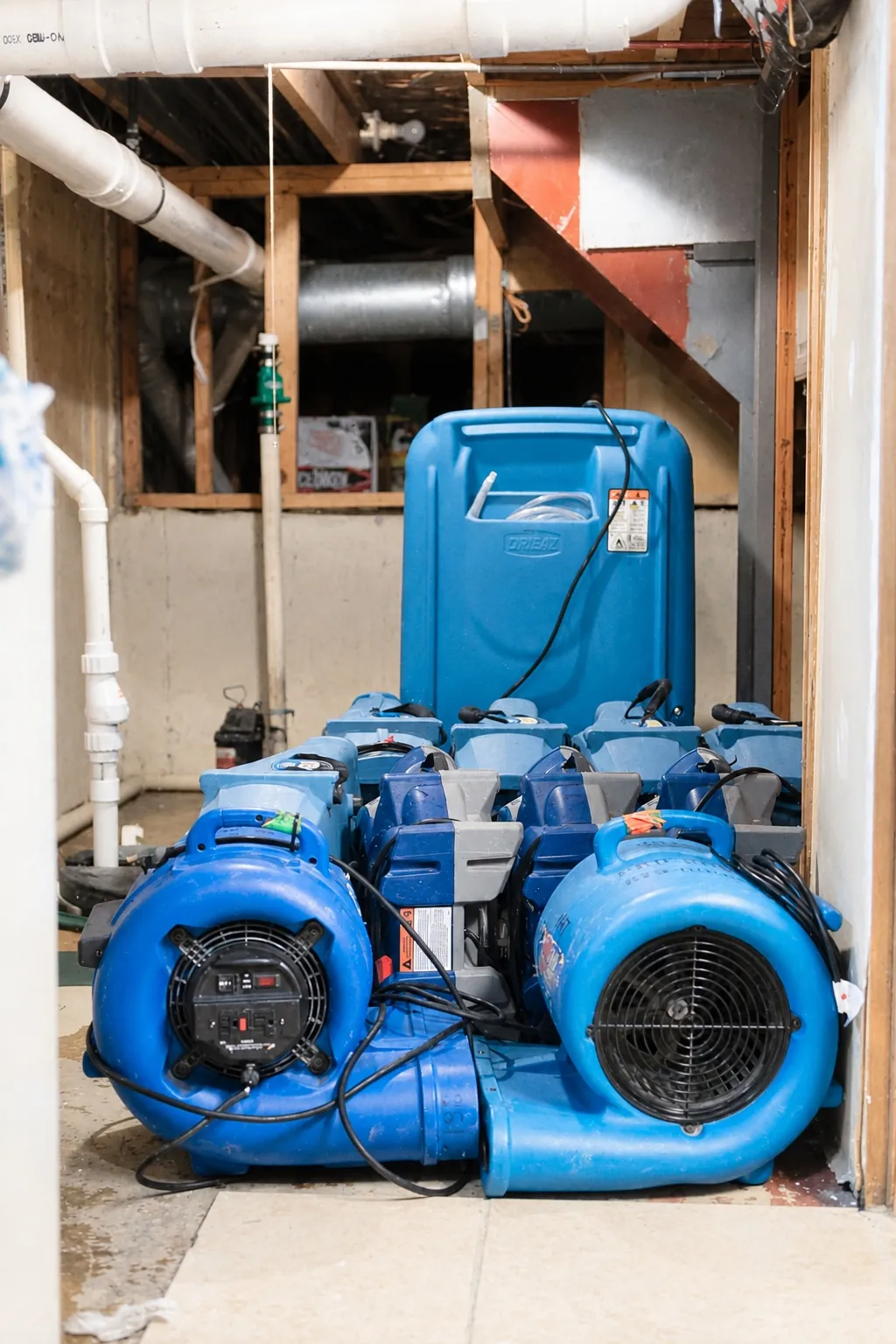 A Dri-Eaz dehumidifier and air movers staged in a basement.