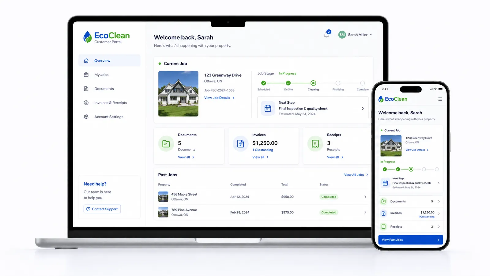 EcoClean customer portal showing job status, photos, invoices, and project packet.