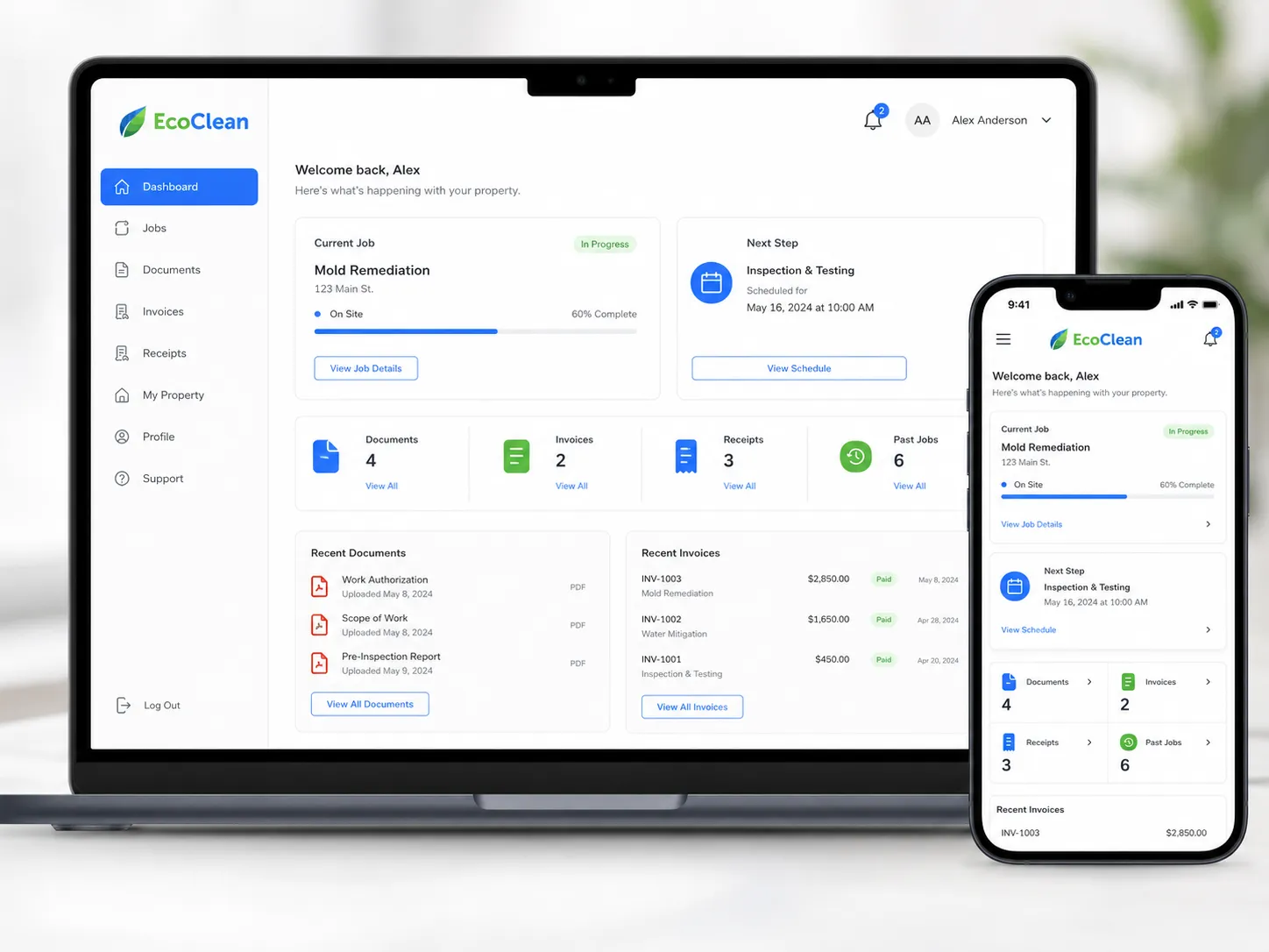 EcoClean customer portal — second product mockup with job history and document filing.